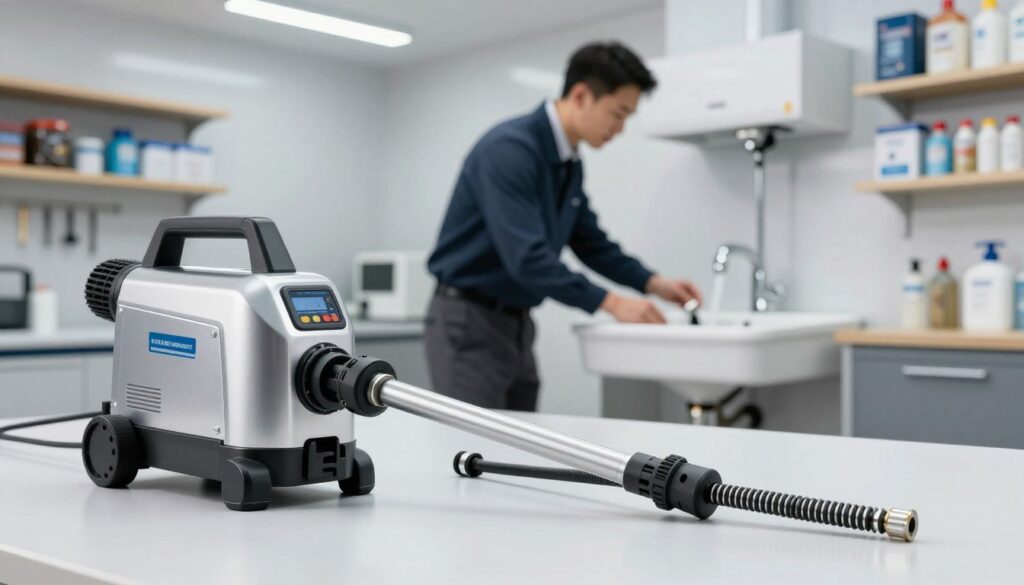 A modern workspace featuring advanced drain cleaning equipment for efficient unclogging. In the foreground, a sleek high-pressure water jetter and a compact drain snake, showcasing their shiny metallic surfaces and detailed controls. The middle ground includes a professional wearing business attire, inspecting a clogged sink with the tools, exuding professionalism and confidence. In the background, a well-organized workshop with shelves stocked with various plumbing tools and supplies under bright fluorescent lighting. The atmosphere is one of innovation and efficiency, with a clean and tidy aesthetic that emphasizes the high-tech aspect of modern plumbing solutions. The image should be well-lit and focused, highlighting the intricacies of the equipment while keeping the scene engaging and informative.