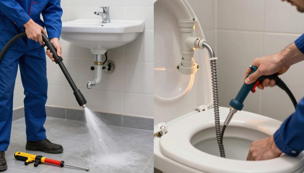 A split image showcasing the differences between various plumbing unclogging methods. On the left, a professional plumber in a blue uniform uses a high-pressure water jet to clear a clogged sink, with tools spread out nearby, creating a sense of action and expertise. On the right, a close-up of a modern drain snake being carefully maneuvered into a toilet by a technician, illuminated by soft, warm lighting that emphasizes the intricate details of the tool and plumbing. The background features a clean workshop environment, enhancing the technical and professional atmosphere. Use a mid-angle view to create depth and focus on the unclogging processes, maintaining a clear distinction between the two methods. The overall mood conveys reliability and professionalism in plumbing services.