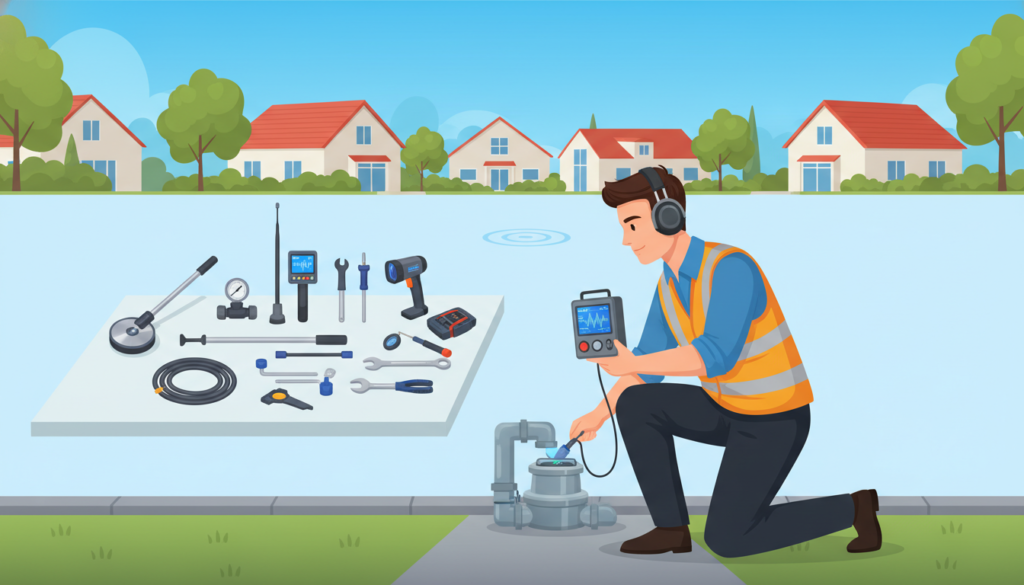 A step-by-step illustration of a leak detection service, with a focus on professionalism and technical precision. In the foreground, a technician in business attire is inspecting a water meter, using a high-tech listening device to locate leaks. The middle layer features various tools used in leak detection, such as a ground microphone and pipe locator, arranged neatly on a workbench. In the background, a residential area with a clear blue sky and greenery, symbolizing eco-friendliness and community. The lighting is bright and natural, creating a hopeful atmosphere. The image should not include any text or branding, ensuring a clean and professional presentation. Emphasize clarity and focus on the leak detection process.