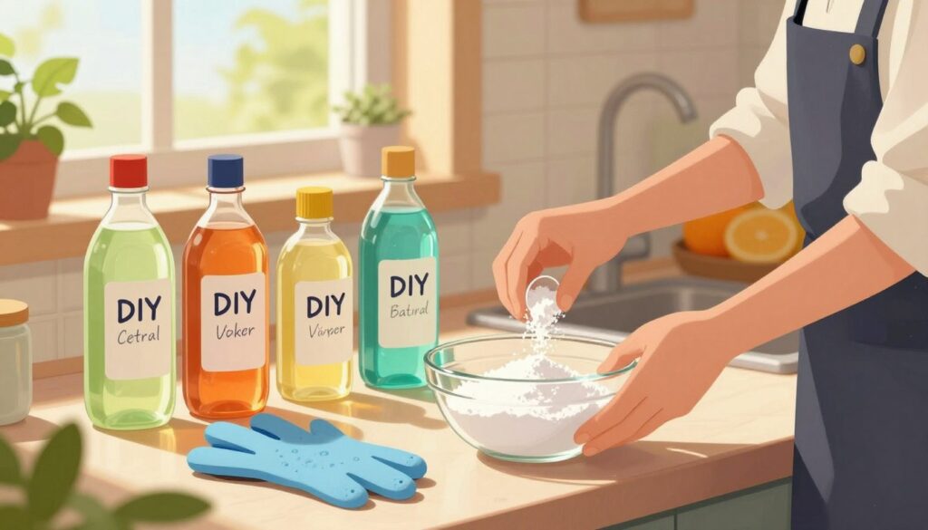 A warmly lit kitchen scene showcasing various homemade cleaning products neatly arranged on a countertop. In the foreground, a pair of hands, wearing modest, professional clothing, carefully measures out a natural ingredient, such as vinegar or baking soda, into a glass bowl. The middle of the composition features colorful glass bottles labeled with handwriting, symbolizing DIY cleaning solutions, while a safety glove rests nearby. In the background, soft light streams through a window, illuminating fresh herbs and citrus fruits, emphasizing a safe and wholesome environment. The overall mood reflects caution and care, with an inviting yet responsible atmosphere, suggesting the importance of safe practices when using homemade products. The scene captures the essence of household maintenance with an emphasis on care and precaution.