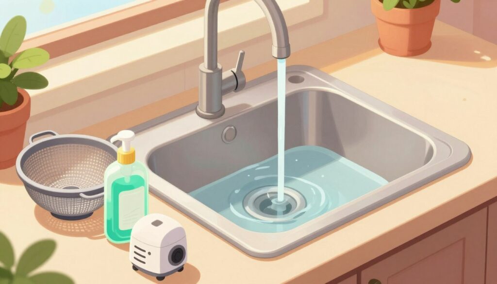 A well-lit kitchen scene focused on a clean, modern sink, showcasing effective prevention tips to avoid clogging. In the foreground, arrange essential kitchen items such as a strainer, dish soap, and a garbage disposal unit, neatly organized on a countertop. In the middle ground, the shiny metal sink gleams under soft, warm lighting, with clear water flowing to emphasize cleanliness. The background features tasteful kitchen elements like cabinets and plants, creating a welcoming atmosphere. Capture a slight overhead angle that highlights the sink's functionality and aesthetic. The overall mood should be informative yet inviting, conveying a sense of care and maintenance in kitchen hygiene.